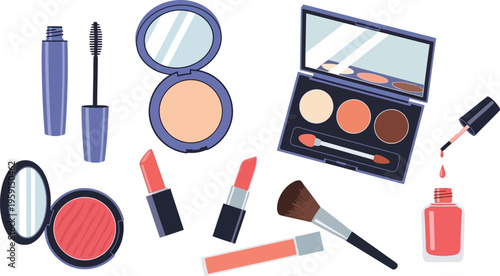 Collection of various cosmetic products including lipstick, mascara, powder compacts, and blush brush displayed together.