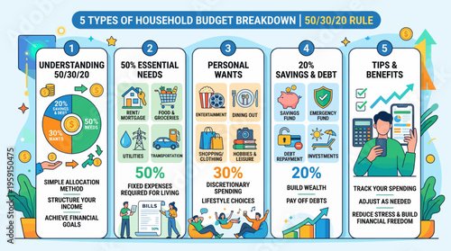 50 30 20 Rule Infographic for Household Budgeting Breakdown and Personal Finance Planning with Categories for Essential Needs Personal Wants and Savings Debt Repayment