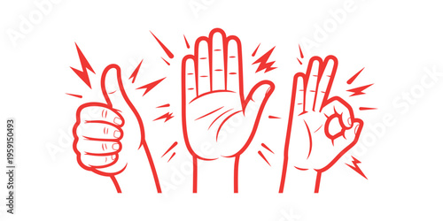Red hand gestures on white background thumbs up okay sign palm facing out