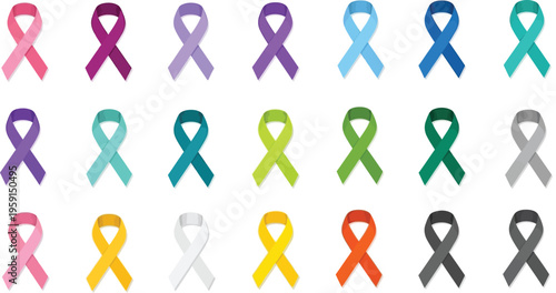 Assortment of many different colored awareness ribbons displayed in three horizontal rows against a white background.