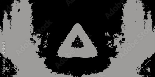 Abstract grunge font letter design featuring a black triangle warning symbol with a textured vector pattern and a distressed art frame illustration for a web button or road sign icon