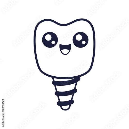 Outline Dental Implant, healthcare, oral hygiene and treatment. Kawaii dental implant character. Vector isolated on white. Cute tooth implant coloring page