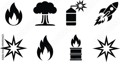Fire and explosion hazard symbols set, minimalist black hazard icons including flames, mushroom clouds and safety symbols for workplace warning and risk prevention graphics.