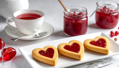 A plate of heart-shaped cookies with jam and tea