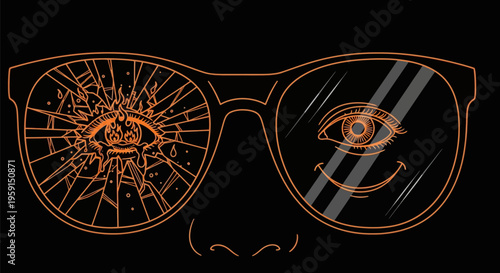 Glasses with shattered and smiling eyes on black background symbolizing contrasting emotions and perspectives