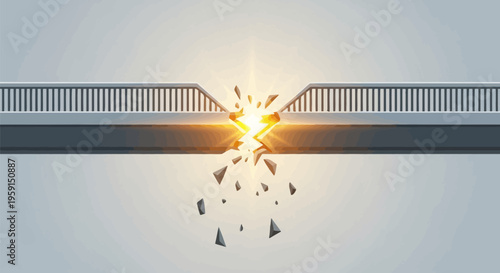 Bridge explodes in dramatic fashion with debris flying apart on gray background