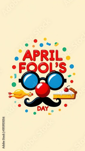 April Fools Day colorful illustration with glasses mustache and confetti