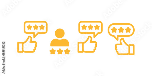 Yellow of thumbs up with speech bubbles and stars yellow rating feedback in white background