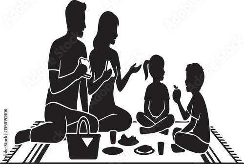 Happy Family Picnic Outdoors Vector Silhouettes