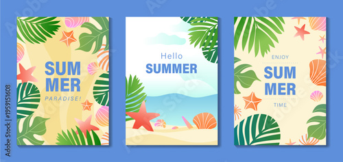 Hello summer paradise tropical poster vector set with beach, ocean waves, sandy shore, palm leaves, monstera foliage, seashells and starfish. Bright seasonal wall art for home decor, print and poster 