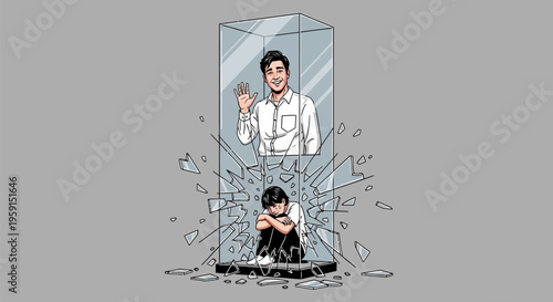 Man trapped in glass box with another man waving symbolizing isolation and freedom