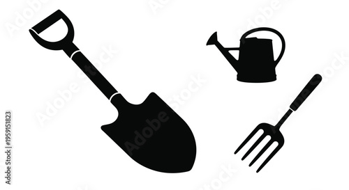 Gardening tools a spade watering can and fork in silhouette