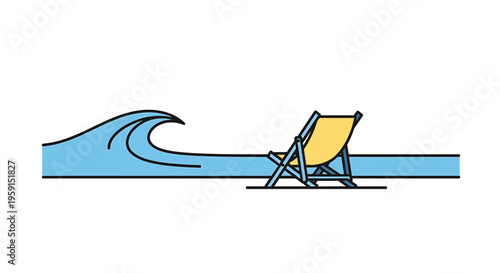 Beach chair, yellow deckchair, ocean wave, summer relaxation, coastal scene