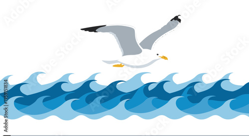 Seagull flying over ocean waves, sea bird, vector illustration, nautical scene