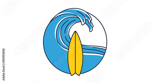 Surfing wave, surfboard icon, ocean wave symbol, blue and yellow vector