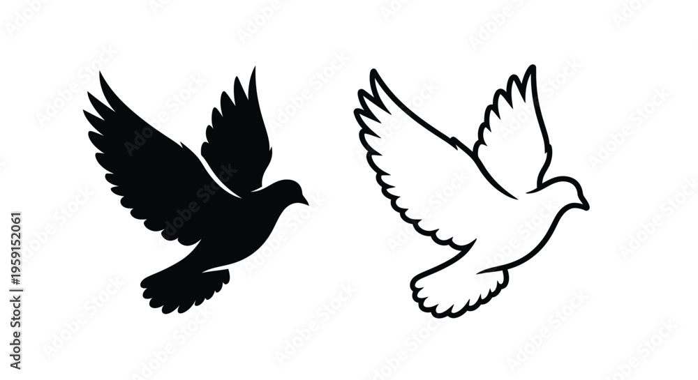 Obraz premium Two stylized doves in flight one dark and one light