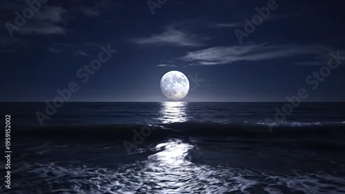 Full moon shines brightly over the dark ocean waves at night