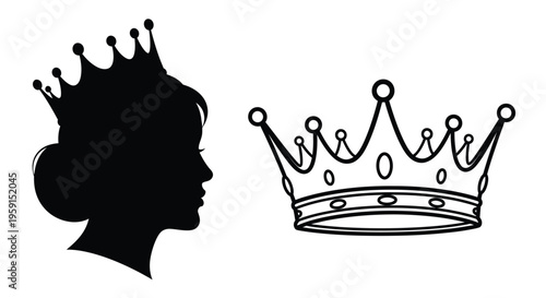 Silhouette of a woman s profile alongside a detailed royal crown