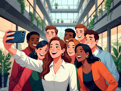 A group of diverse young adults taking a selfie together