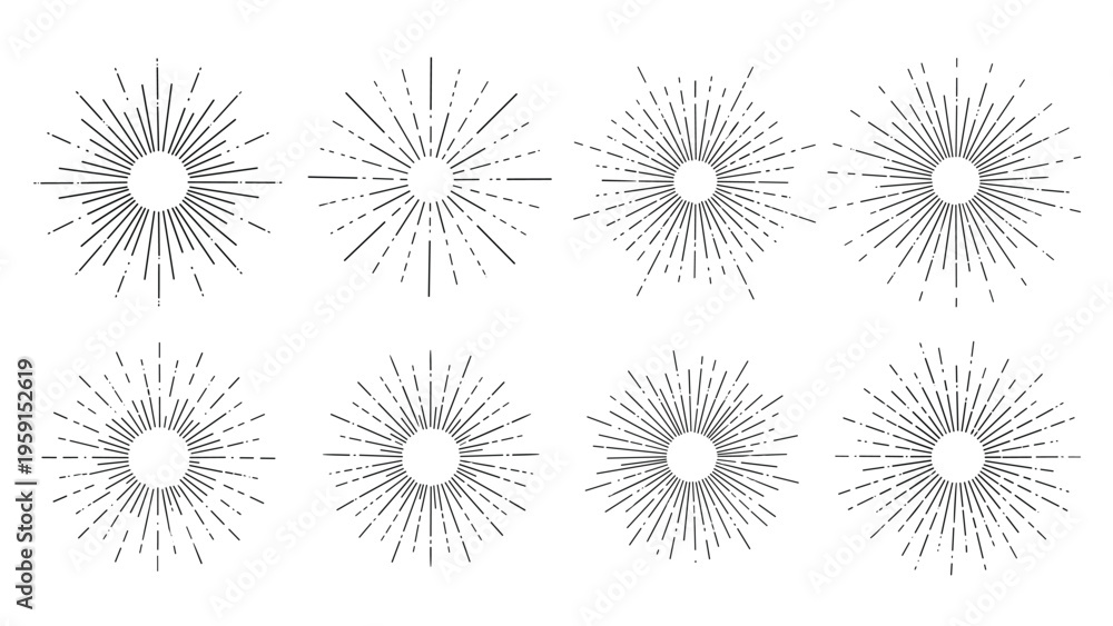 Obraz premium Set of eight black hand-drawn sunburst or starburst sketches in circular shapes on a white background for graphic design.