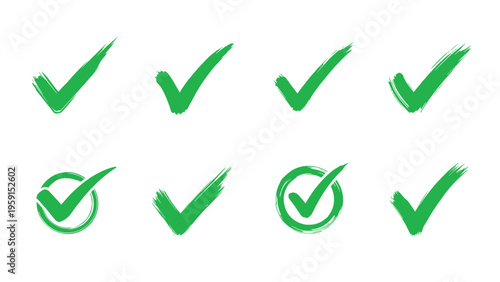 Set of eight green check mark icons in different styles including brush strokes and circles for success and approval concepts.