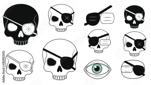 Collection of various pirate themed skulls with eye patches and speech bubbles along with a realistic blue eye illustration.