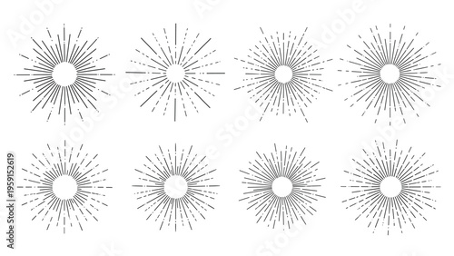 Set of eight black hand-drawn sunburst or starburst sketches in circular shapes on a white background for graphic design.
