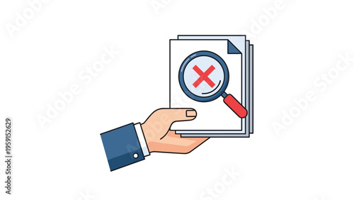 Hand of a professional holding a stack of document pages with a magnifying glass showing a red cross mark for rejection.