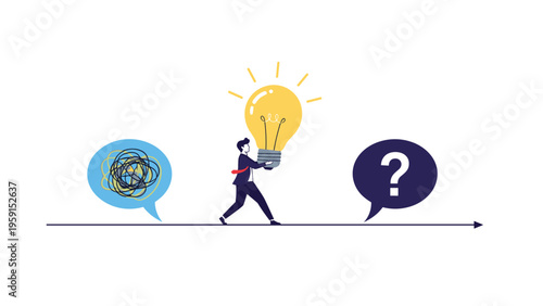 Businessman walking along a timeline carrying a giant lightbulb towards a question mark and a messy thought bubble.