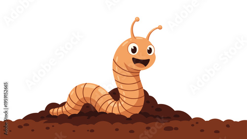 Cute cartoon earthworm with a happy expression crawling out of brown garden soil isolated on a white background for educational use.