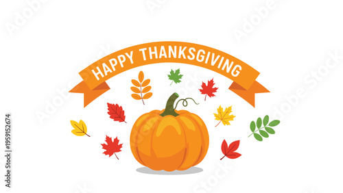 Happy Thanksgiving greeting card featuring a large orange pumpkin surrounded by colorful autumn leaves and a festive decorative banner.
