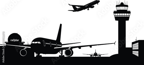 Black Silhouette of Airport Terminal with Commercial Airplane Taking Off, Air Traffic Control Tower, Radar Dome, and Passenger Jet on Runway