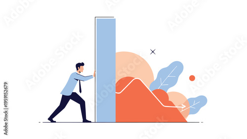 Determined businessman in blue shirt and black pants pushing a large obstacle to overcome challenges and reach business goals in a modern style.