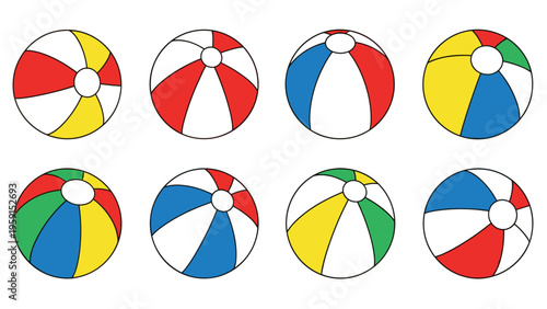 Collection of eight colorful inflatable beach balls with various striped patterns in red, blue, yellow, and green on a clean white background.