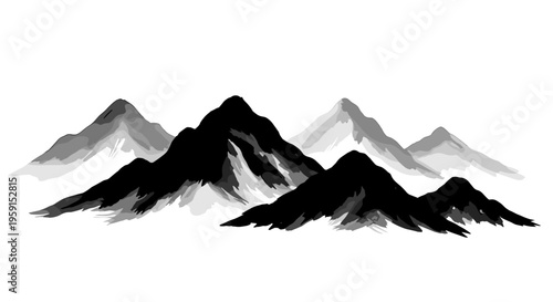 Serene ink painting of layered mountains in monochrome shades, featuring bold brushstrokes and subtle gradients, evoking a tranquil and timeless landscape
