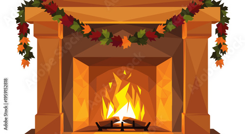 Warm and cozy fireplace adorned with a vibrant autumn leaf garland, featuring a glowing fire and rich wooden mantel in a classic, inviting setting