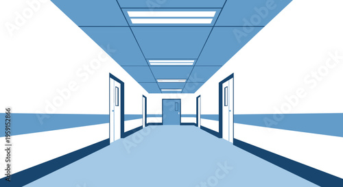 Minimalistic blue and white hospital hallway with closed doors, geometric lines, and overhead lighting creating a serene and sterile atmosphere