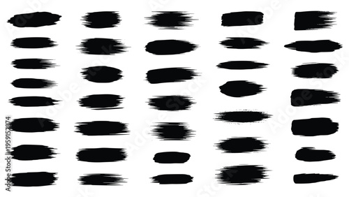 Diverse collection of black paint brush strokes and ink textures arranged in a grid for artistic design and graphic elements on white background.