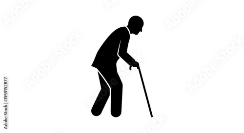 Silhouette of an elderly man leaning on a cane, isolated on a white background, emphasizing simplicity and contrast