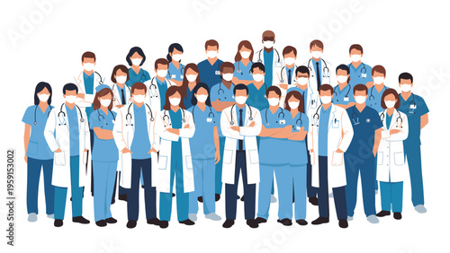 Large group of diverse male and female healthcare workers including doctors and nurses wearing protective face masks and uniforms on white.