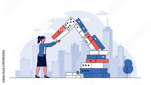 Proactive businesswoman preventing a disaster by catching falling dominoes that are stacked in a pyramid shape against an urban city background.