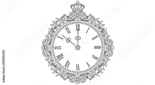 Intricate golden clock with ornate detailing and elegant Roman numerals, featuring a regal crown design on top, set against a white background, ornament