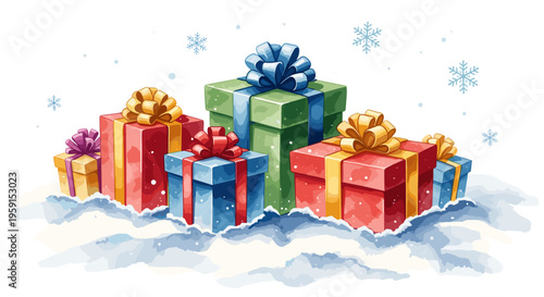Colorful wrapped gift boxes with ribbons nestled in snow, surrounded by falling snowflakes, creating a festive and cheerful winter scene