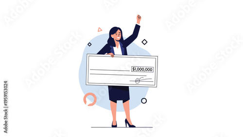 Successful businesswoman celebrating her achievement by holding a giant ceremonial check for one million dollars with her arm raised in victory.