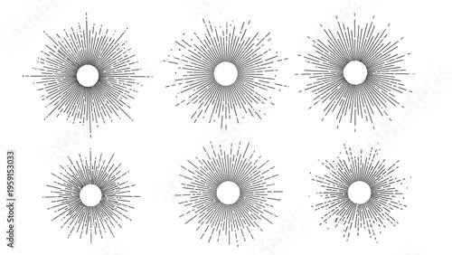 Collection of six unique black and white radial sunburst patterns with varying line densities and circular center cutouts for graphic design.