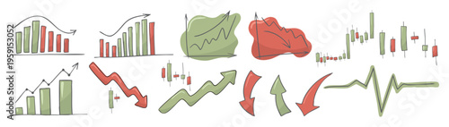 Stock market icons set bull market bear market charts, upward downward trend arrows for financial business trading and investment concepts arrow up and down, growing graph, business chart icons