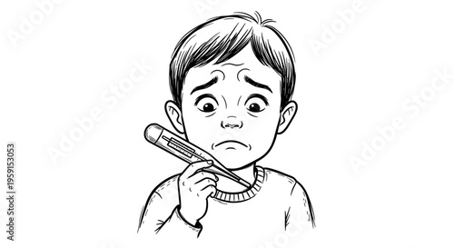 Illustrated child holding thermometer with worried expression, black and white sketch, detailed facial features, simple background