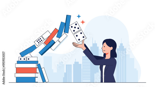 Creative businesswoman building a complex tower using falling dominoes to represent turning challenges into opportunities within a city landscape.