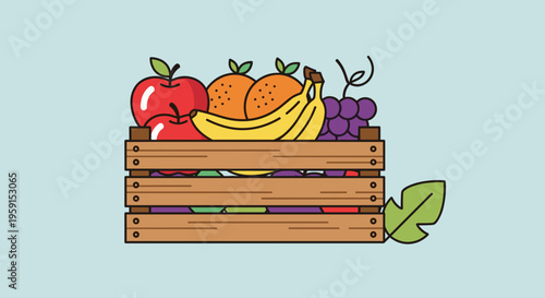 Colorful illustration of a wooden crate filled with various fruits including apples, bananas, oranges, and grapes, symbolizing a bountiful harvest on a light blue