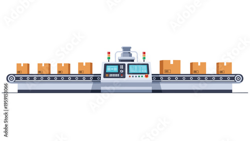 Modern industrial conveyor belt system in a factory setting moving cardboard boxes through an automated processing and packaging machine.